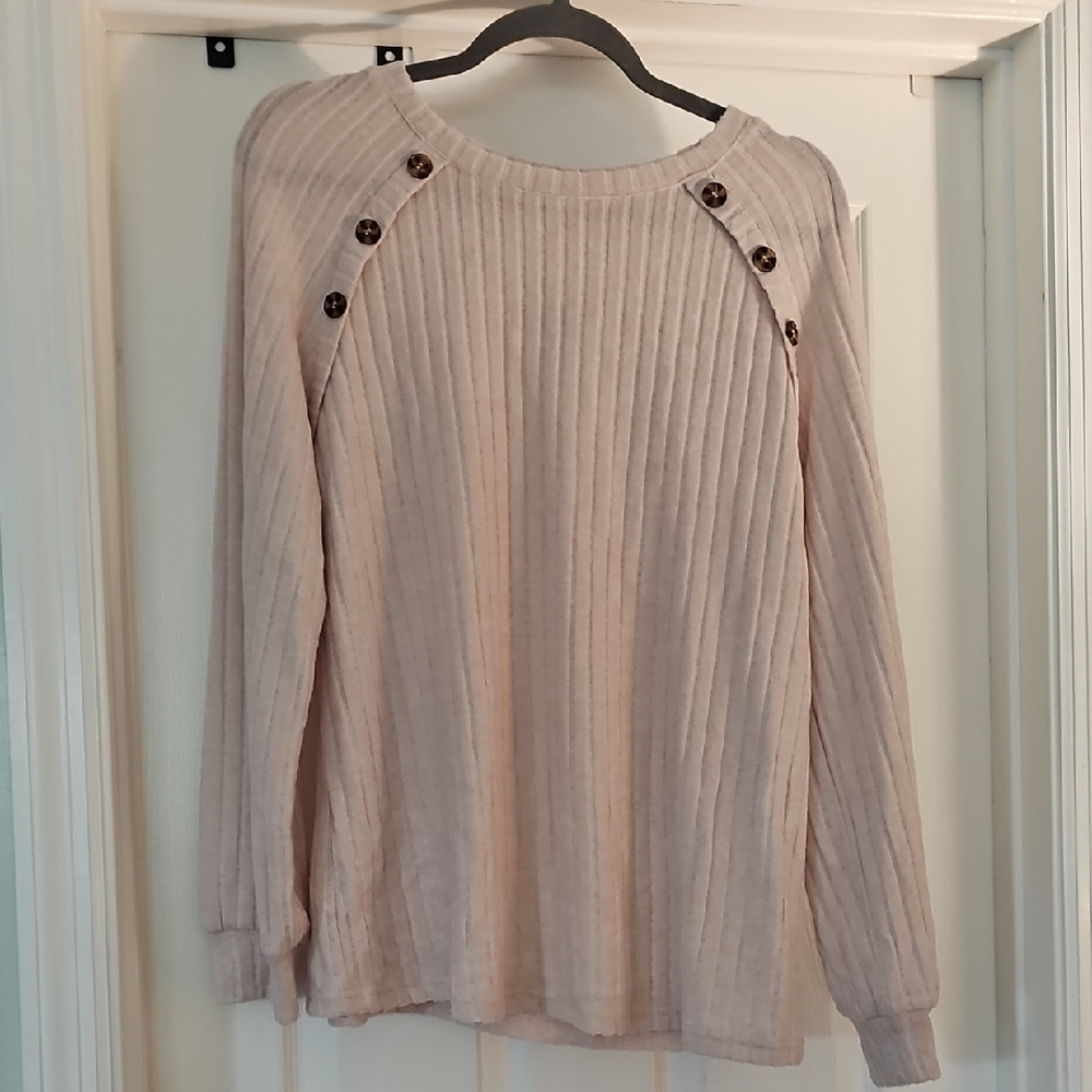 Ribbed Button-Shoulder Crewneck Sweater - Light Beige